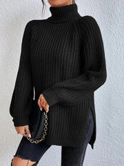 Women's casual pullover turtleneck slit loose sweater - 808Lush