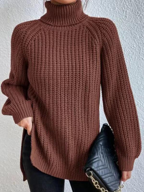 Women's casual pullover turtleneck slit loose sweater - 808Lush