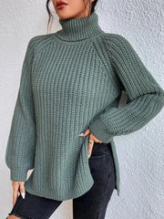 Women's casual pullover turtleneck slit loose sweater - 808Lush