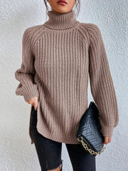 Women's casual pullover turtleneck slit loose sweater - 808Lush