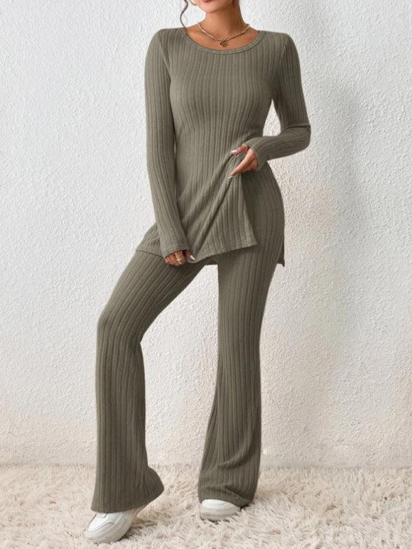 Women's casual slim side slit knitted two-piece set - 808Lush