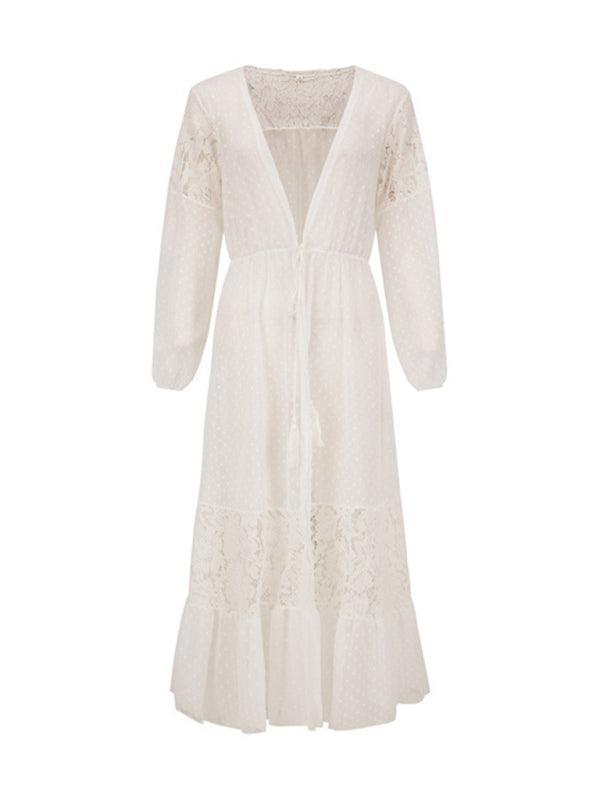 Women's chiffon stitching lace long coat sun protection shirt blouse - 808Lush