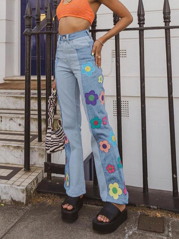 Women's color matching side print high waist bootcut pants casual jeans - 808Lush