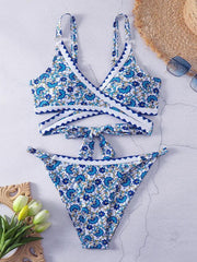 Women's cross-string digital print hook-and-edge split swimsuit - 808Lush