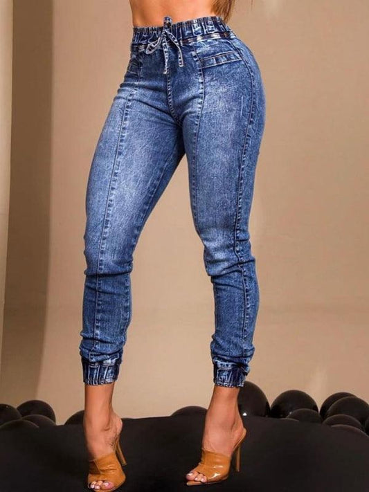 Women's elastic waist tie slim fit jeans - 808Lush