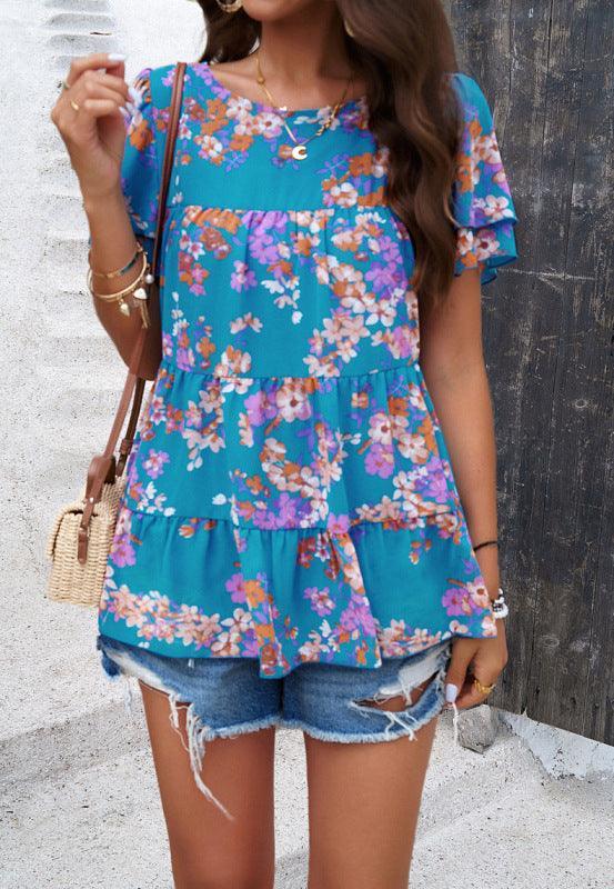 Women's elegant casual printed short-sleeved top blouse - 808Lush