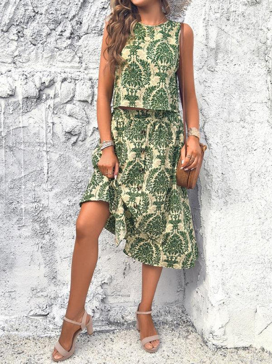Women's elegant casual printed vest and skirt two piece set - 808Lush