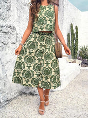 Women's elegant casual printed vest and skirt two piece set - 808Lush