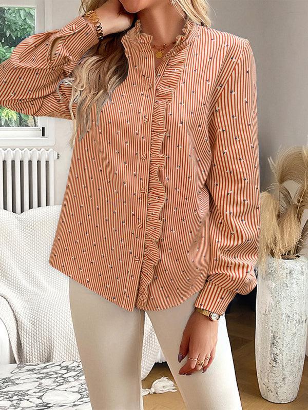 Women's elegant commuter striped long-sleeved blouse - 808Lush