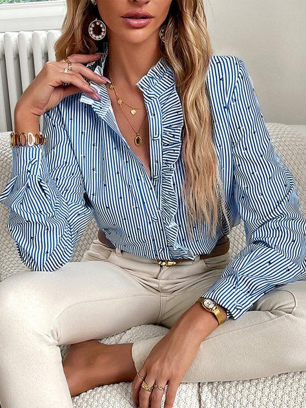 Women's elegant commuter striped long-sleeved blouse - 808Lush