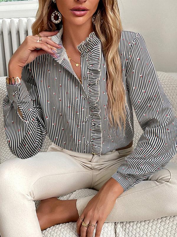 Women's elegant commuter striped long-sleeved blouse - 808Lush