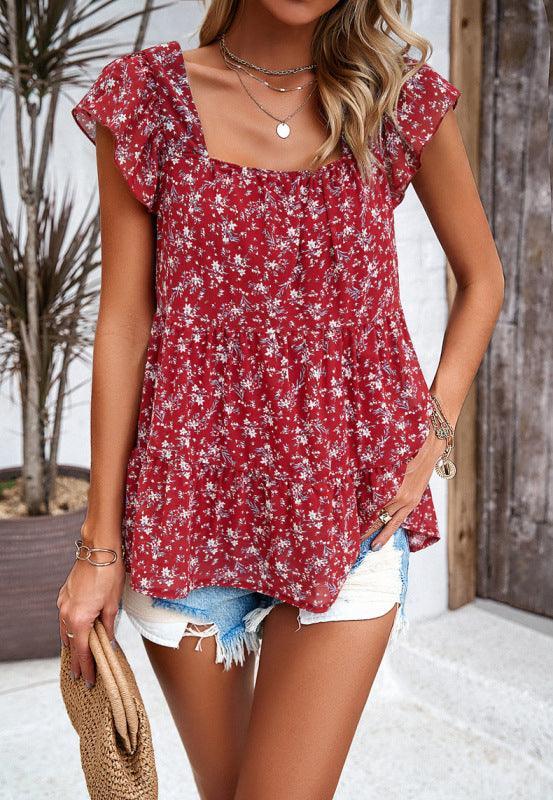 Women's elegant floral square neck ruffle top - 808Lush