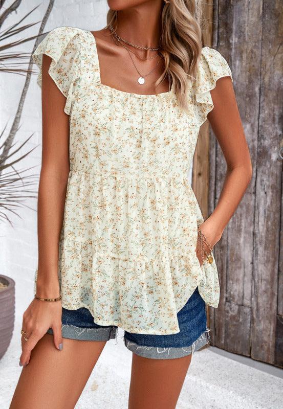 Women's elegant floral square neck ruffle top - 808Lush