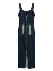 Women's elegant suspender denim long dress - 808Lush