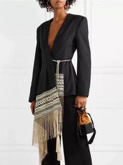 Women's embroidered jacquard irregular tassel hem blazer - 808Lush