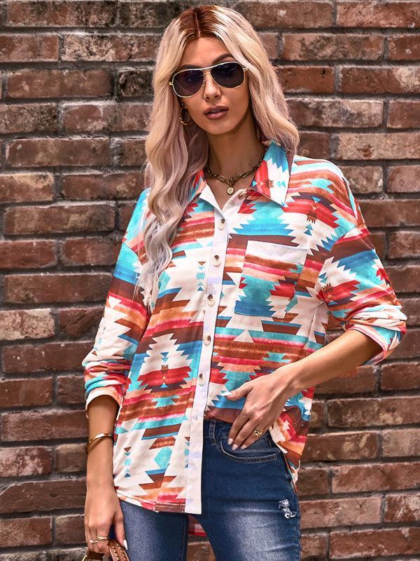 Women's fashion casual printed knitted shirt top - 808Lush