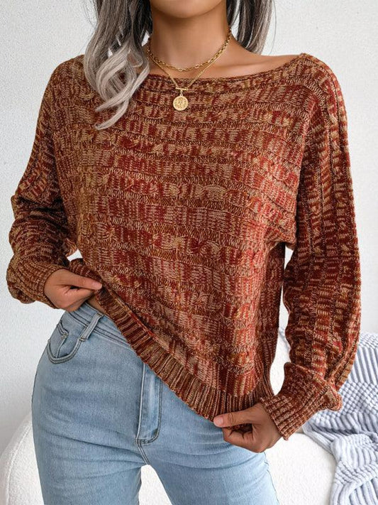 Women's fashion color fried dough twist long sleeve off shoulder knitted sweater - 808Lush