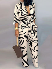 Women's fashion commuting abstract print long-sleeved jumpsuit - 808Lush