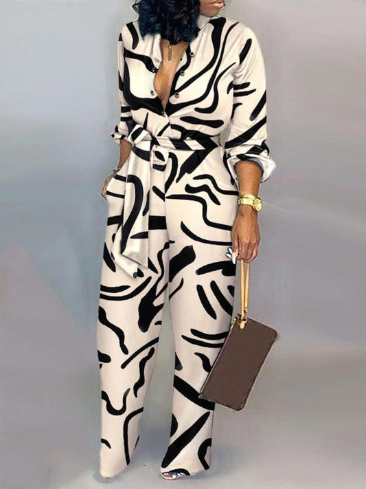 Women's fashion commuting abstract print long-sleeved jumpsuit - 808Lush