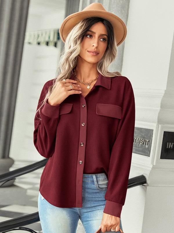 Women's fashion fake pocket knitted shirt top - 808Lush