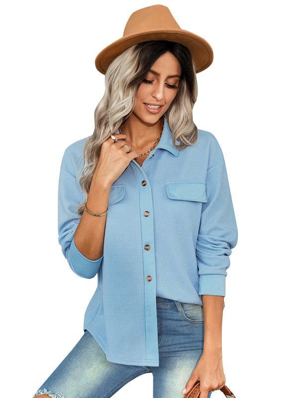 Women's fashion fake pocket knitted shirt top - 808Lush