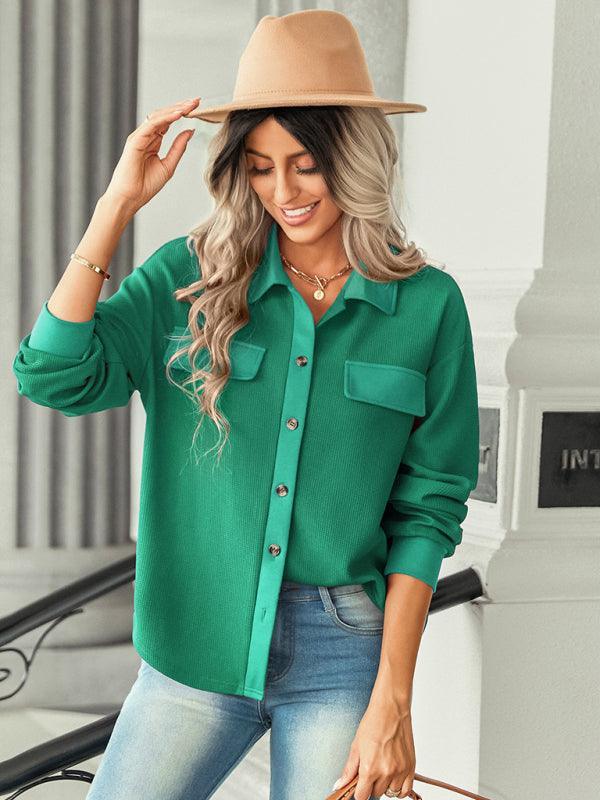 Women's fashion fake pocket knitted shirt top - 808Lush