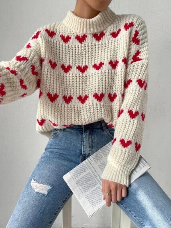 Women's fashion loose love jacquard pullover sweater - 808Lush