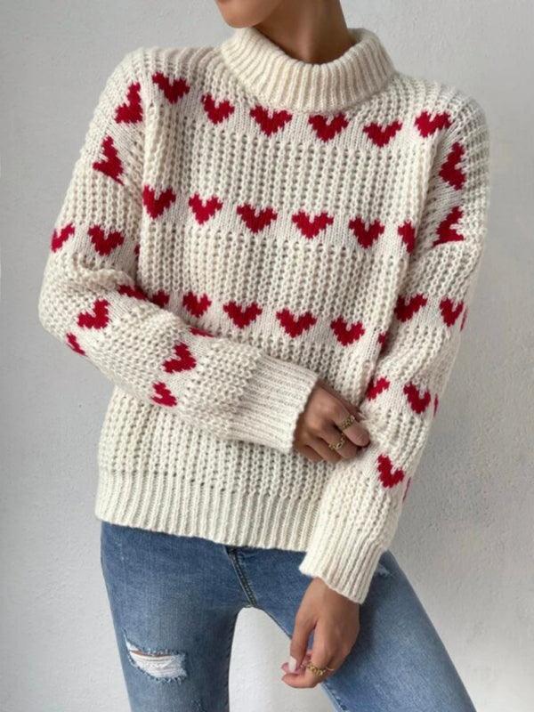 Women's fashion loose love jacquard pullover sweater - 808Lush