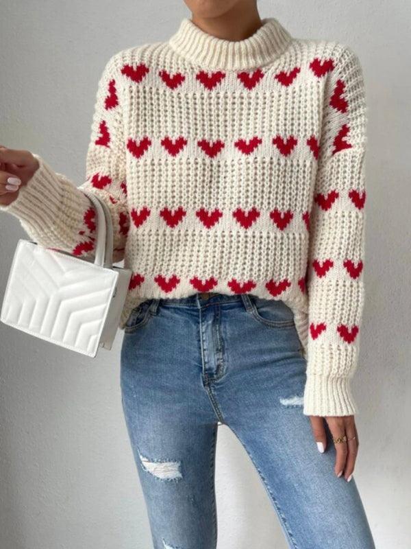 Women's fashion loose love jacquard pullover sweater - 808Lush