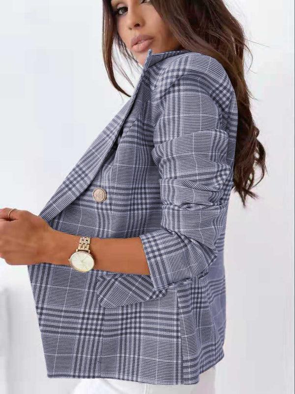 Women's fitted check double-breasted blazer - 808Lush