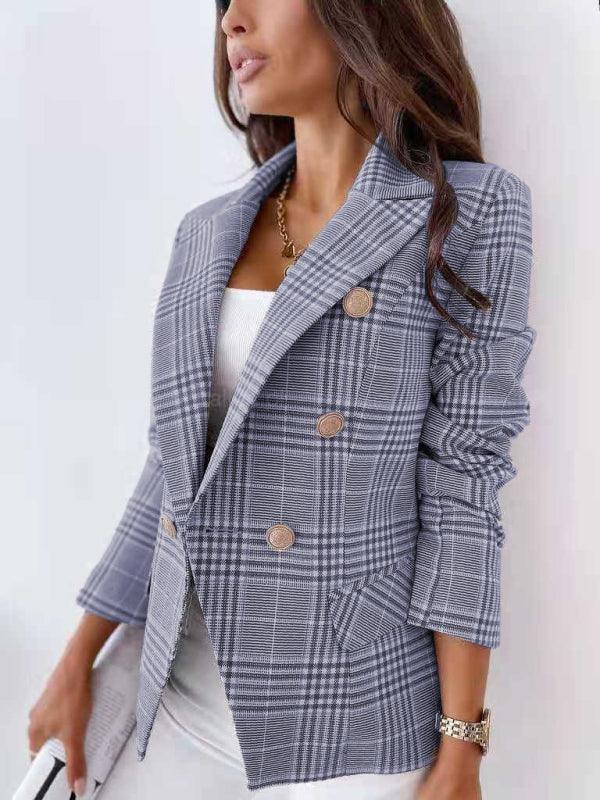 Women's fitted check double-breasted blazer - 808Lush