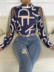 Women's geometric print stitching mesh round neck long-sleeved top - 808Lush