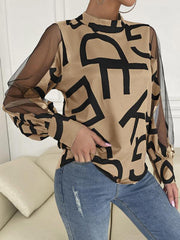 Women's geometric print stitching mesh round neck long-sleeved top - 808Lush