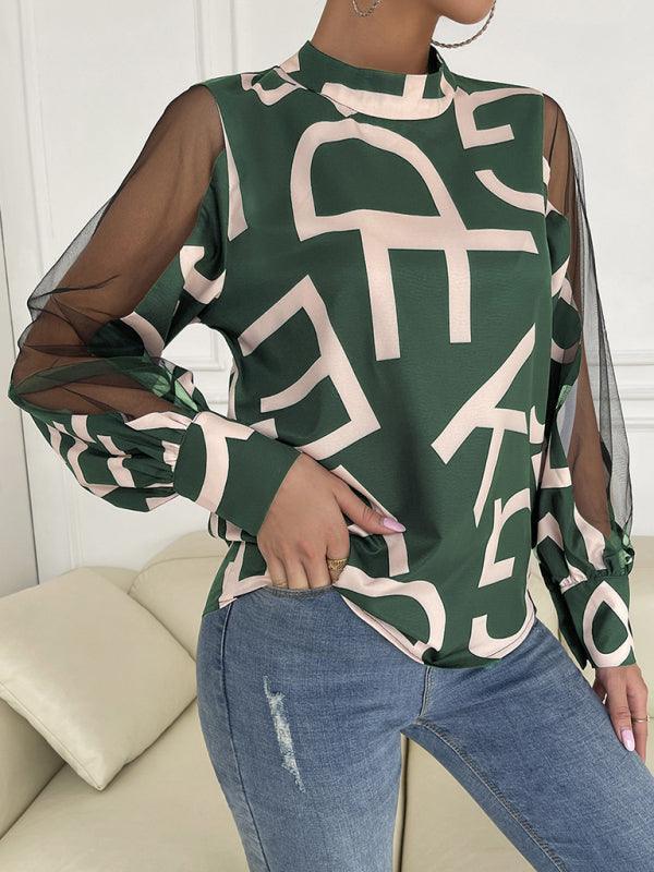 Women's geometric print stitching mesh round neck long-sleeved top - 808Lush