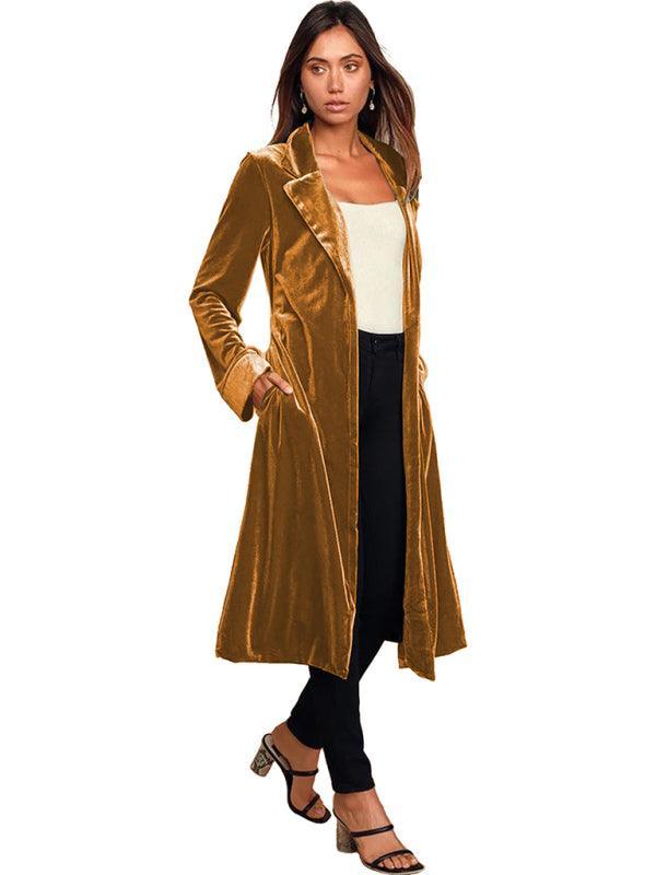 Women's gold velvet casual long lapel blazer - 808Lush