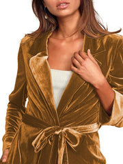 Women's gold velvet casual long lapel blazer - 808Lush