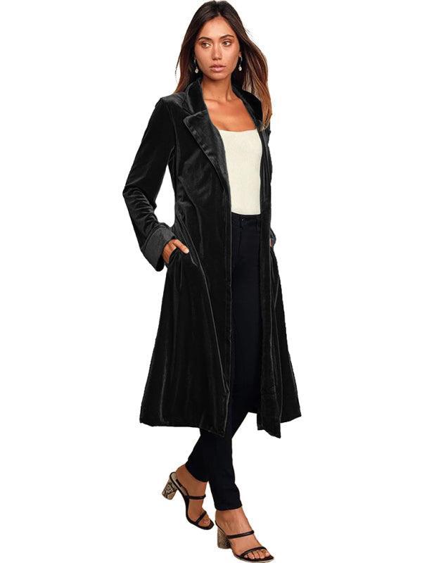 Women's gold velvet casual long lapel blazer - 808Lush