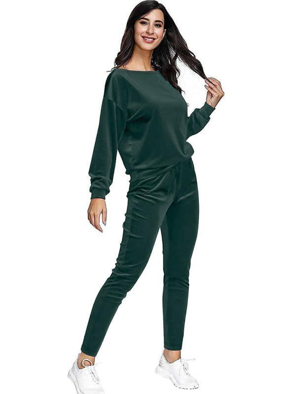 Women's gold velvet sports pants and sweatshirt two-piece set - 808Lush