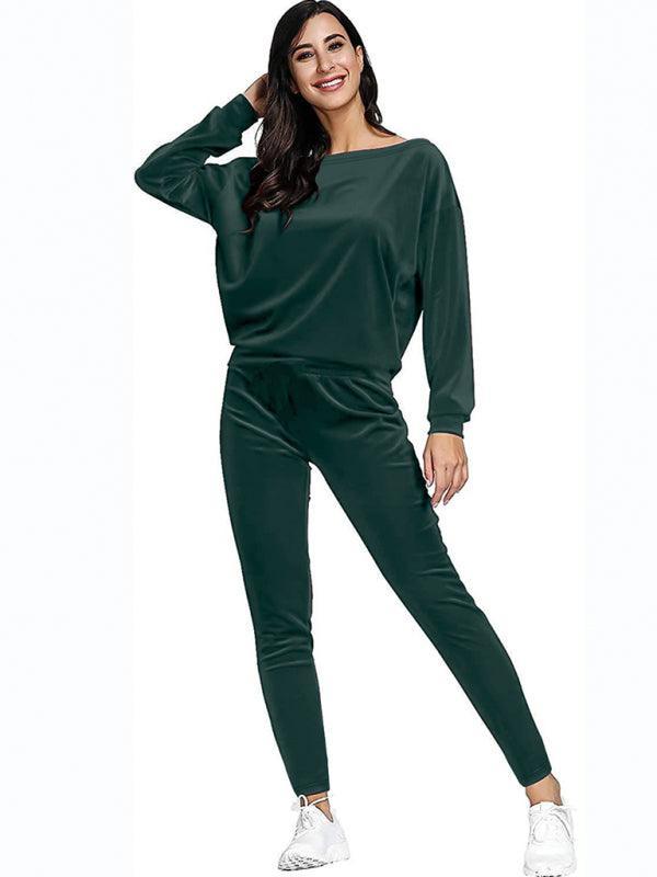 Women's gold velvet sports pants and sweatshirt two-piece set - 808Lush