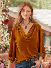 Women's gold velvet three-quarter sleeve elegant plunging collar top - 808Lush