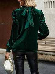 Women's gold velvet turtleneck bow puff sleeve shirt - 808Lush