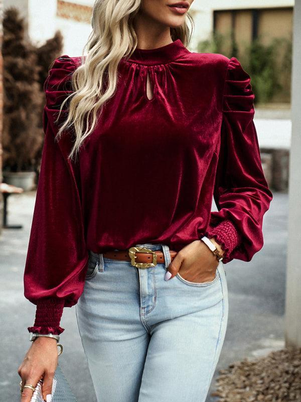 Women's gold velvet turtleneck bow puff sleeve shirt - 808Lush