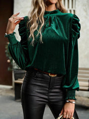 Women's gold velvet turtleneck bow puff sleeve shirt - 808Lush