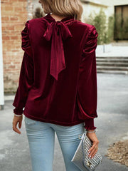 Women's gold velvet turtleneck bow puff sleeve shirt - 808Lush