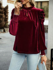 Women's gold velvet turtleneck bow puff sleeve shirt - 808Lush