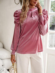 Women's gold velvet turtleneck bow puff sleeve shirt - 808Lush