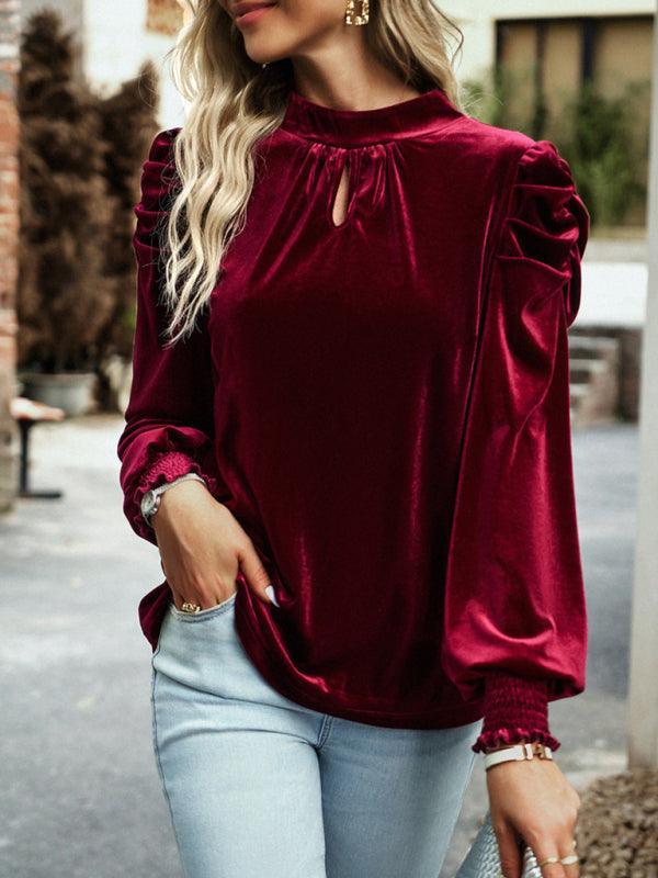 Women's gold velvet turtleneck bow puff sleeve shirt - 808Lush