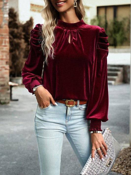 Women's gold velvet turtleneck bow puff sleeve shirt - 808Lush