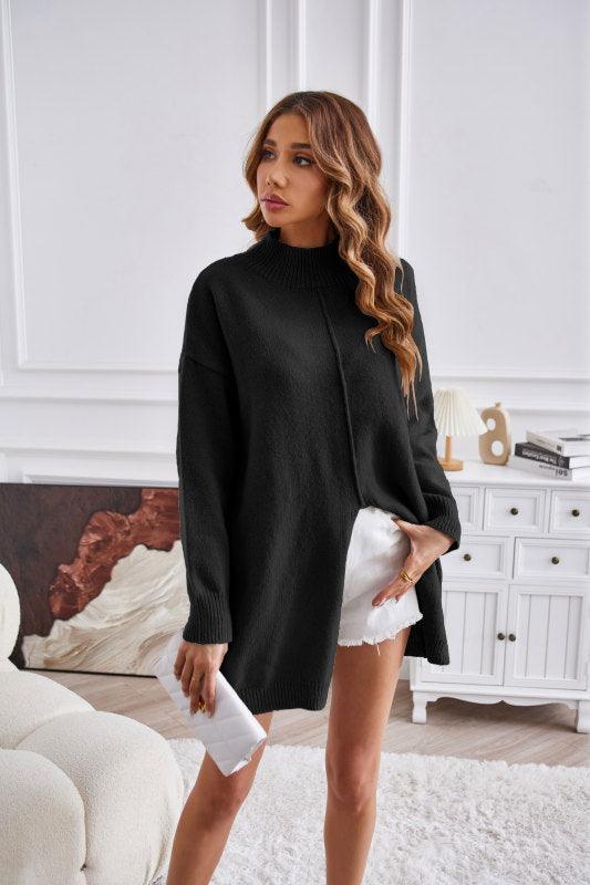 Women's half turtleneck slit pullover sweater - 808Lush