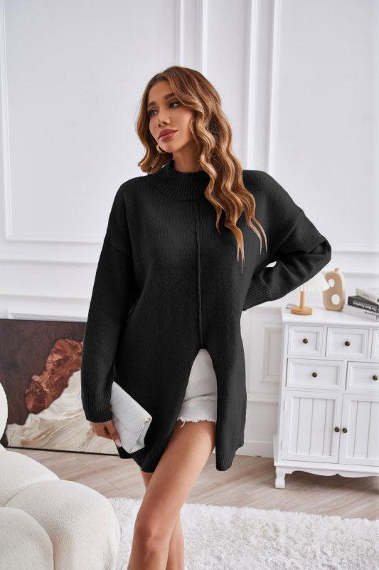 Women's half turtleneck slit pullover sweater - 808Lush